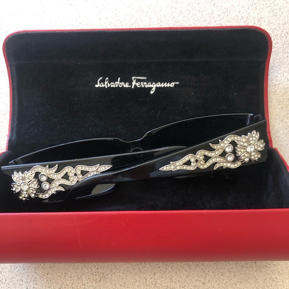 Salvatore Ferragamo Black Sunglasses with Crystal Floral Accents